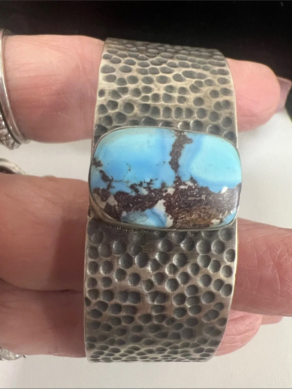 Sterling silver Hammered Cuff Bracelet with golden hills Turquoise Stone - Blue